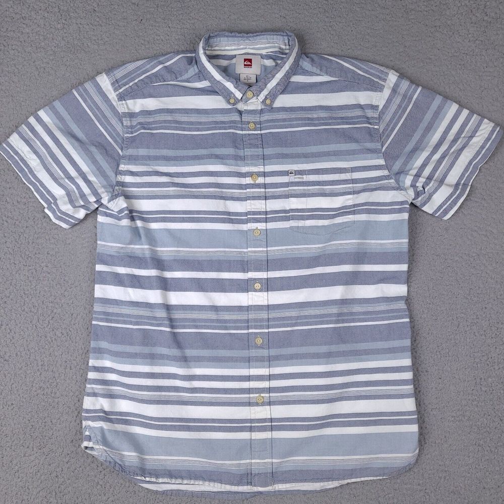 Quiksilver Shirt Mens Large Blue White Striped Button Up Short Sleeve Modern
